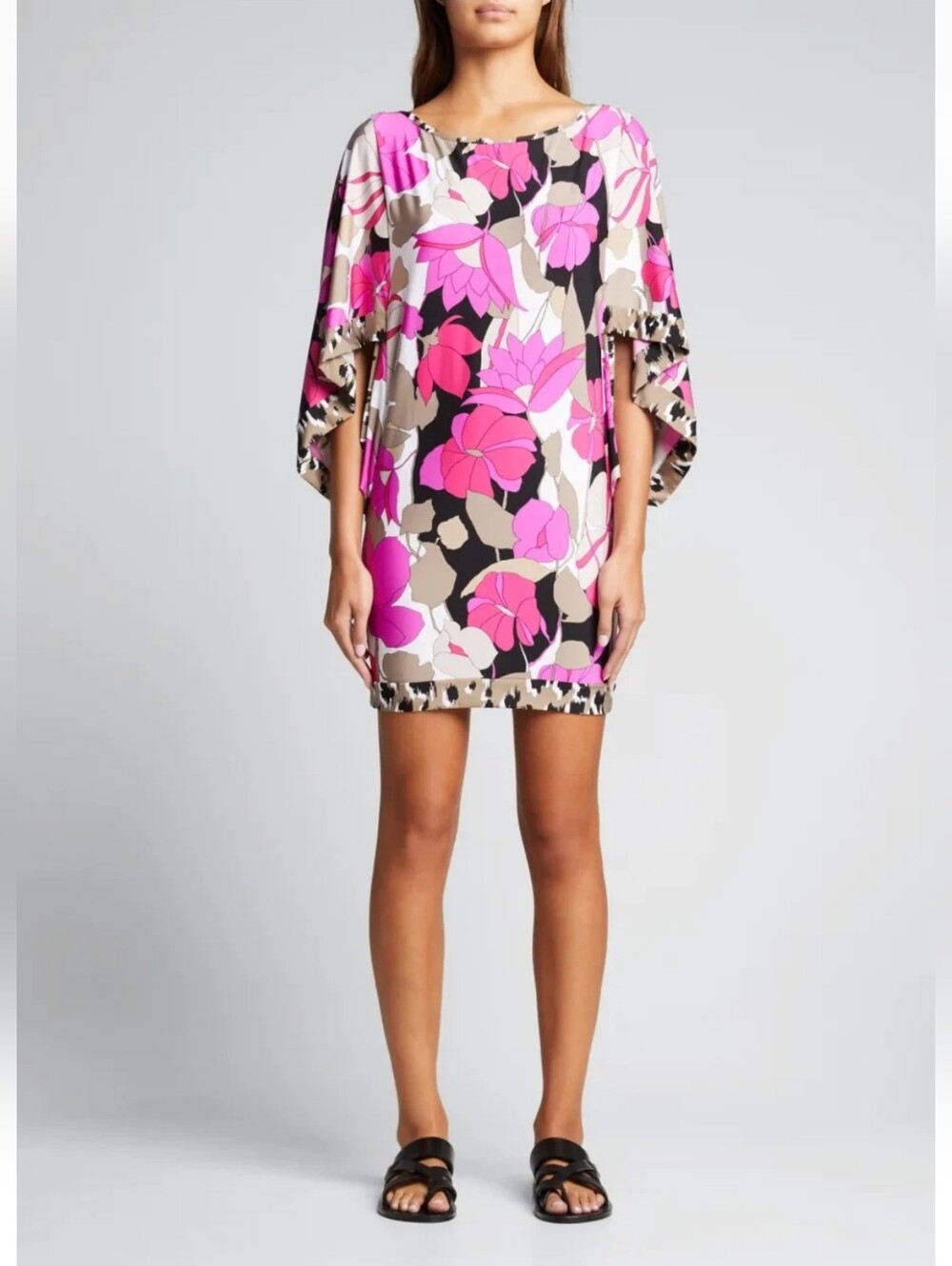 Trina Turk Lynx Floral Swim Cover-Up Tunic Dress Pink Black Medium M
